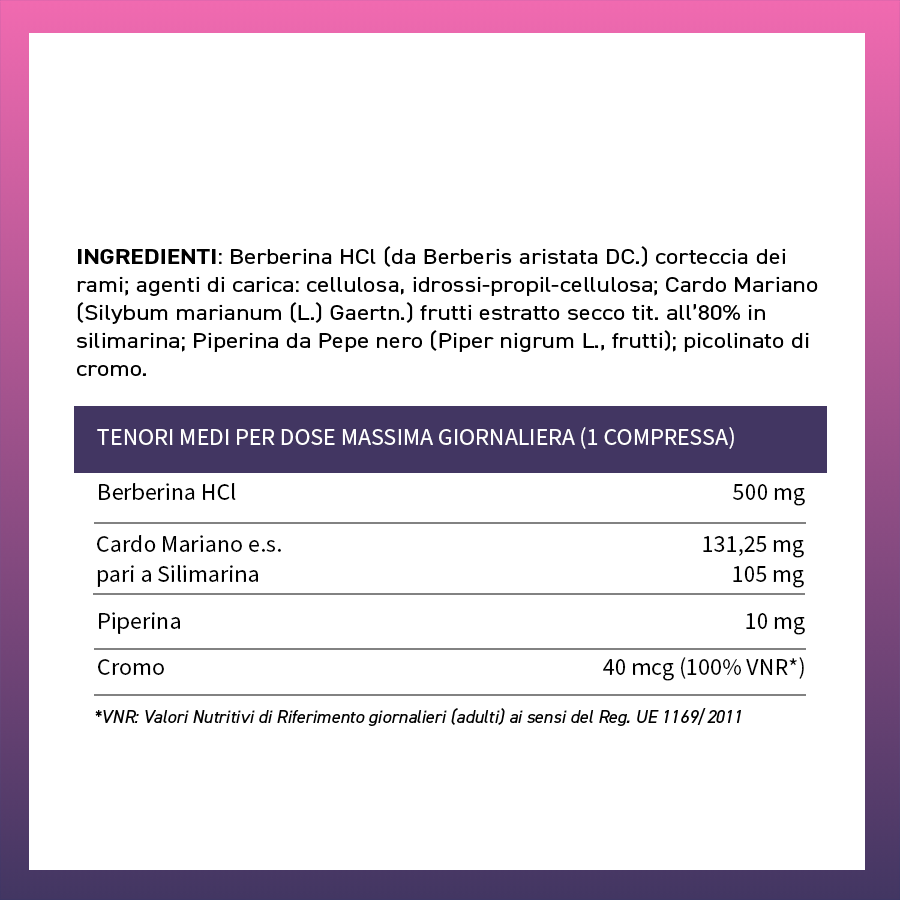 Ingredienti e tenori medi Berberina Extra+: 500 mg di Berberina, Silimarina, Piperina e Cromo per compressa - ScegliNatura