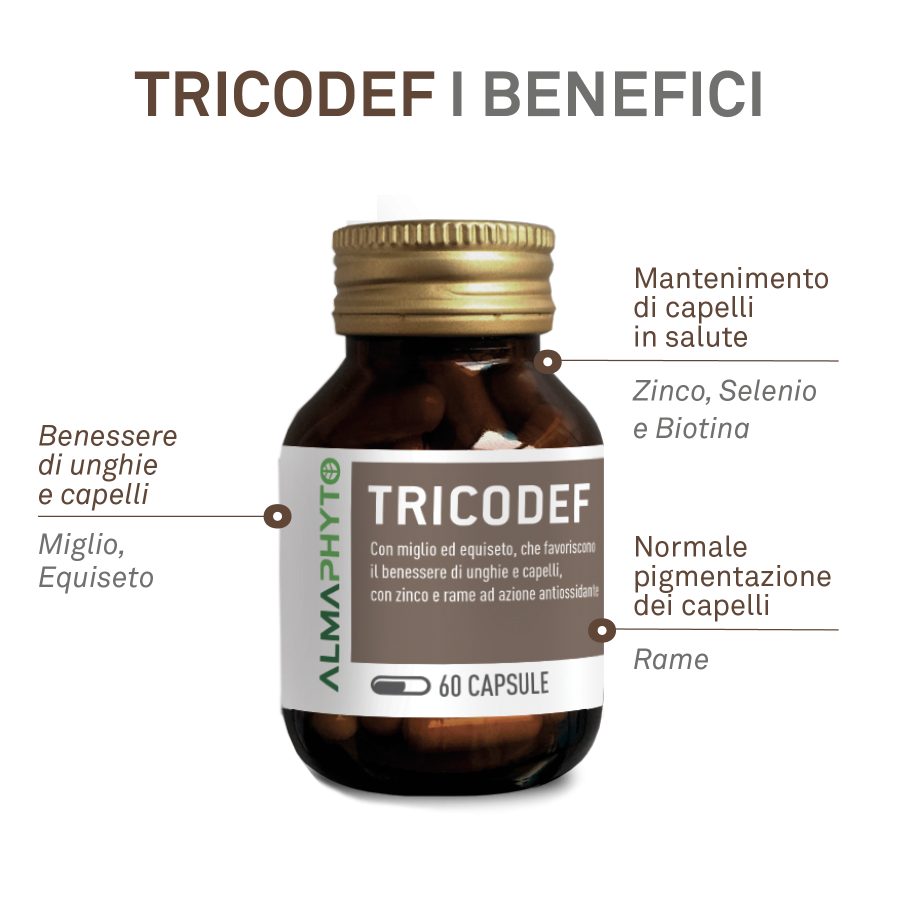 TRICODEF benefici: integratore per capelli deboli e unghie fragili con azione antiossidante - ScegliNatura